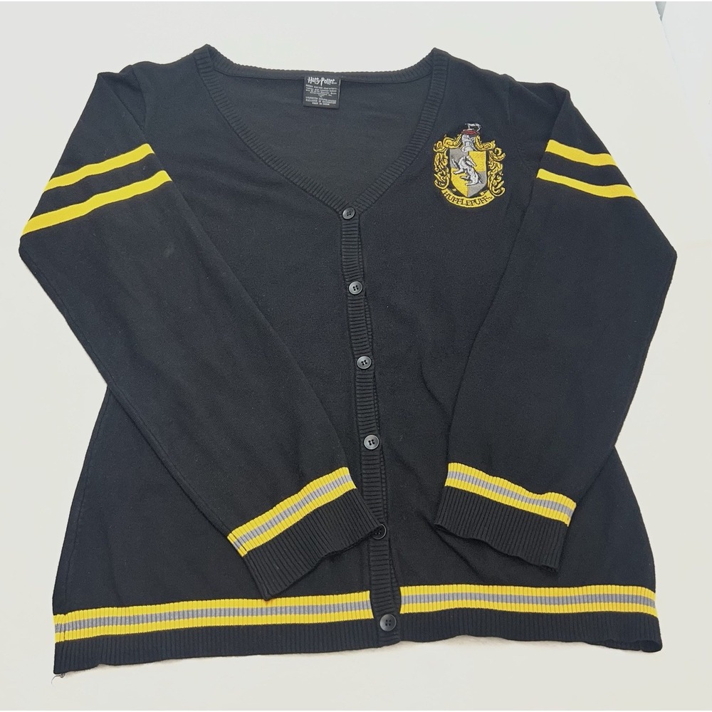 Harry Potter Hufflepuff Button Up Cardigan Sweater Womens Size XL Black Yellow